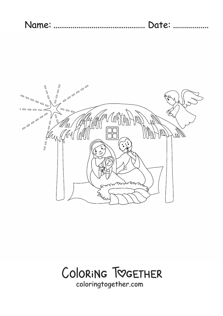 Coloring page of Mary with Joseph and Jesus in the manger