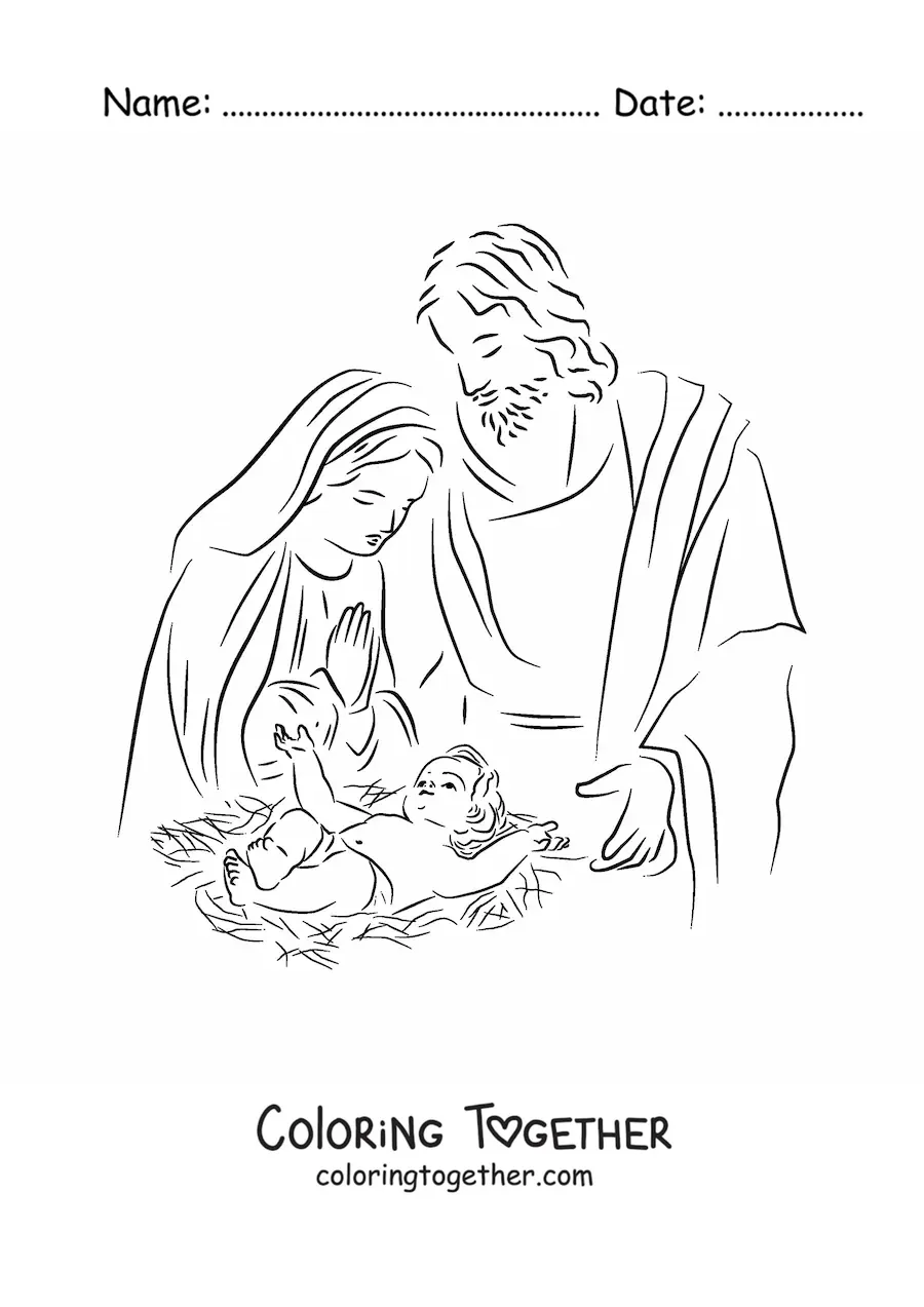 Coloring page of Mary with Joseph and the baby Jesus