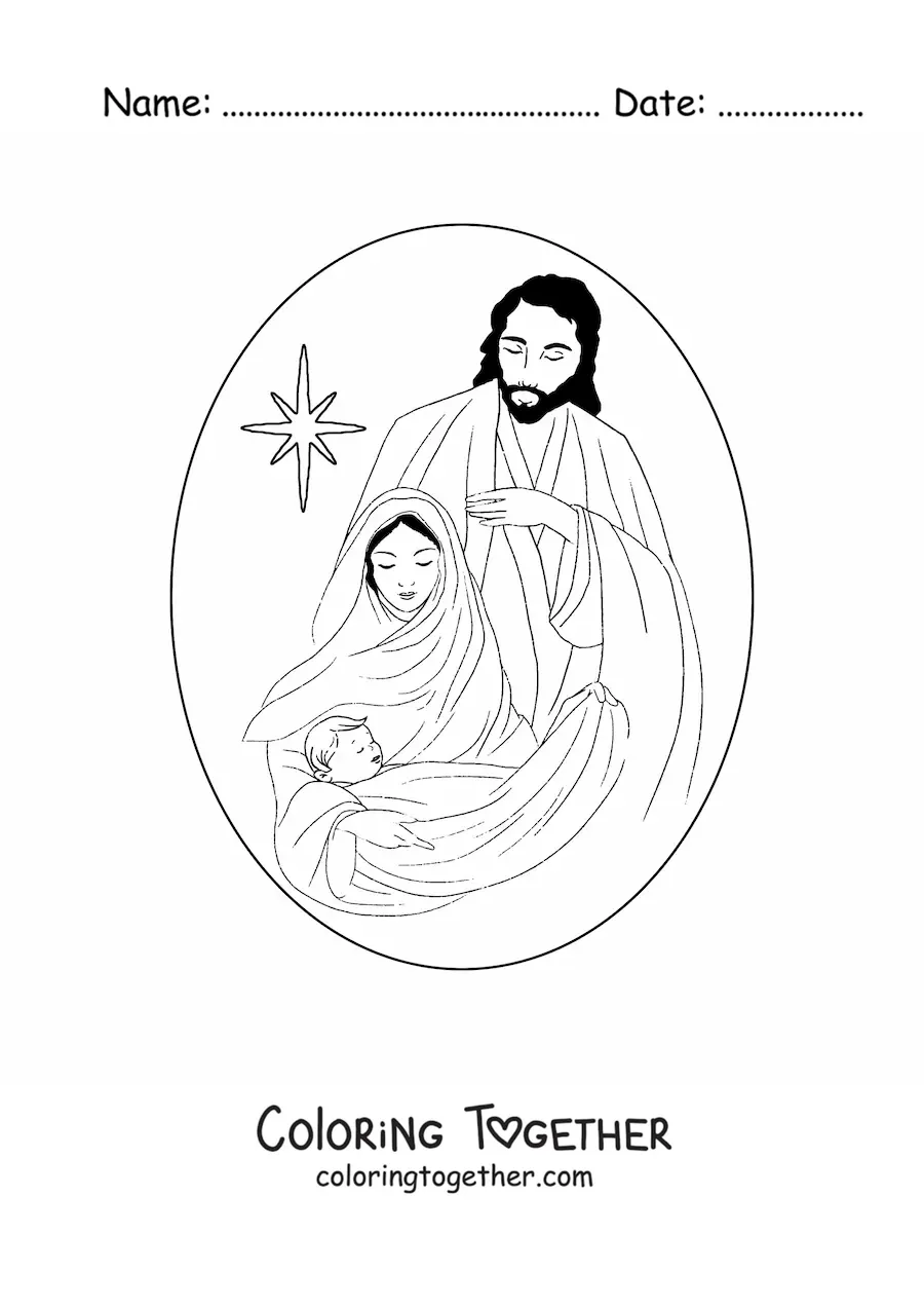 Coloring page of Mary with Joseph and Jesus and the star of a Bethlehem scene