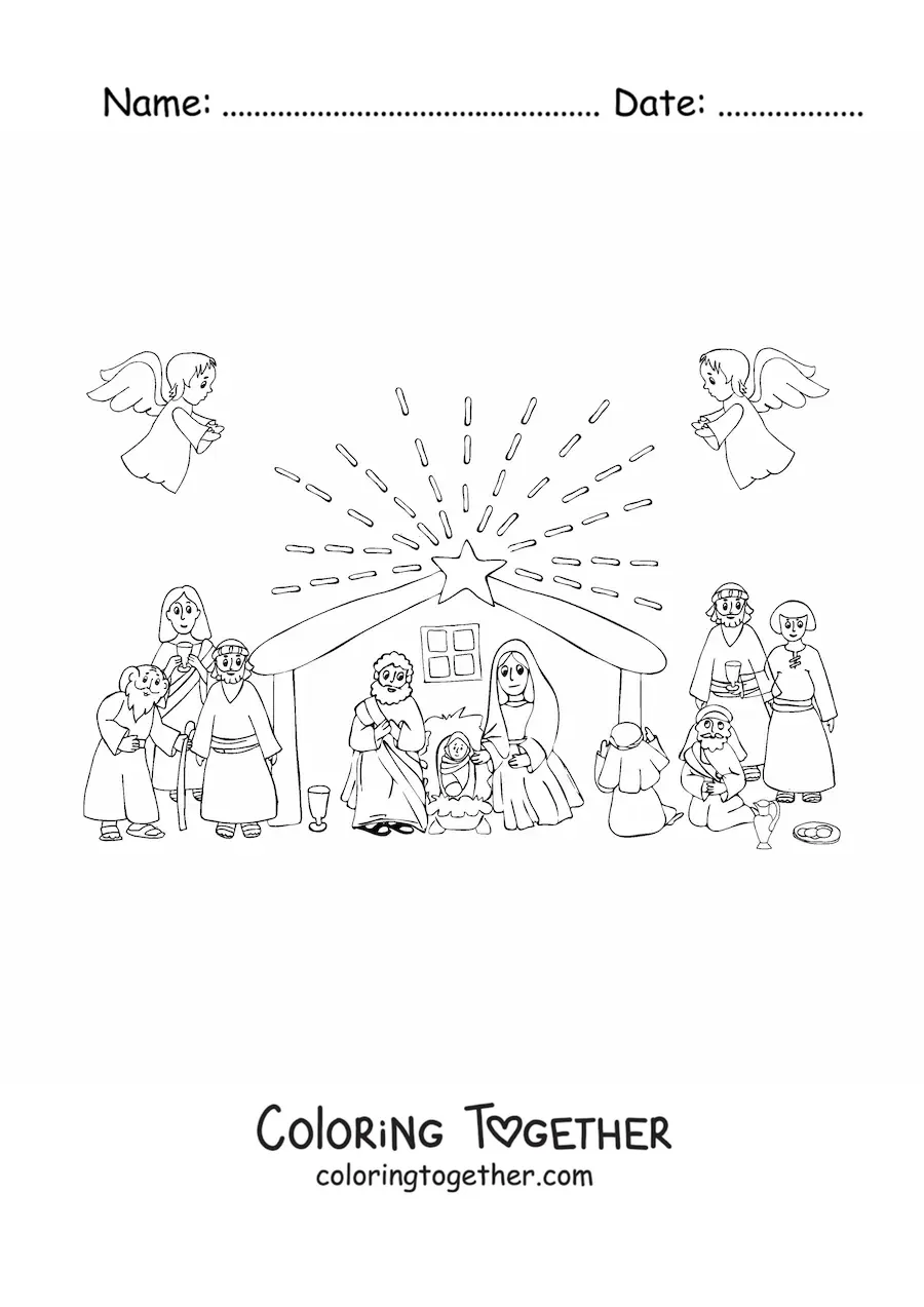 Coloring page of an animated nativity scene with shepherds and angels