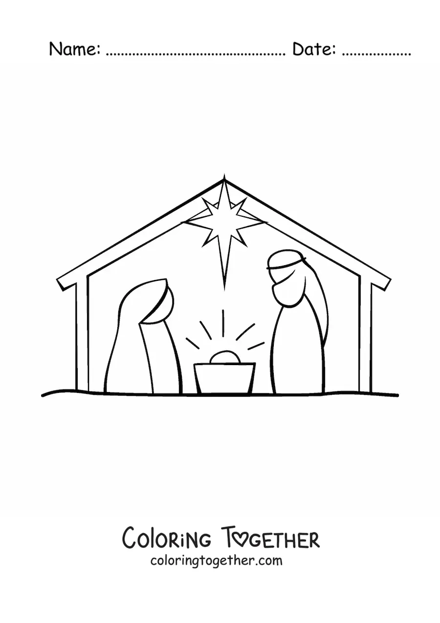 Coloring page of a simple nativity scene