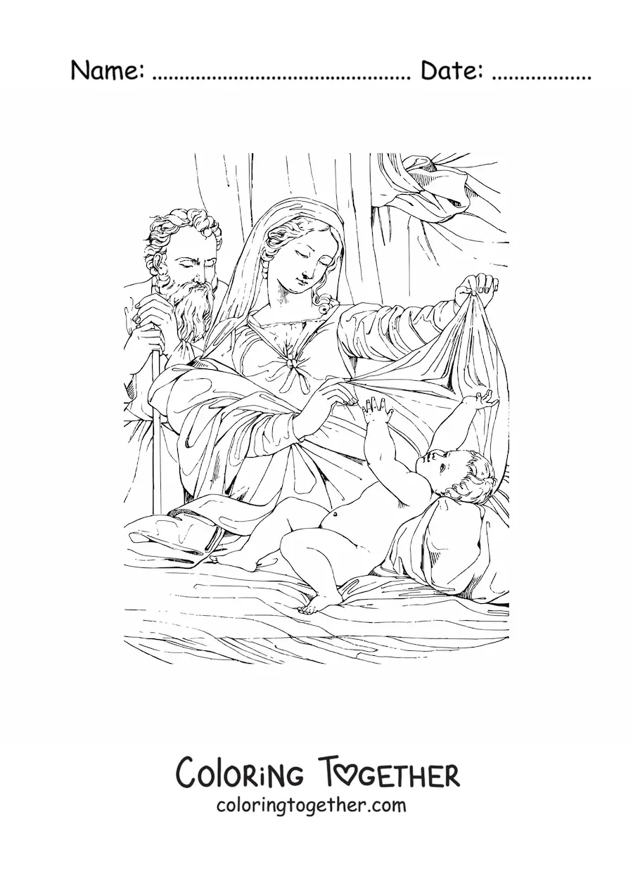 Coloring page of a realistic nativity scene