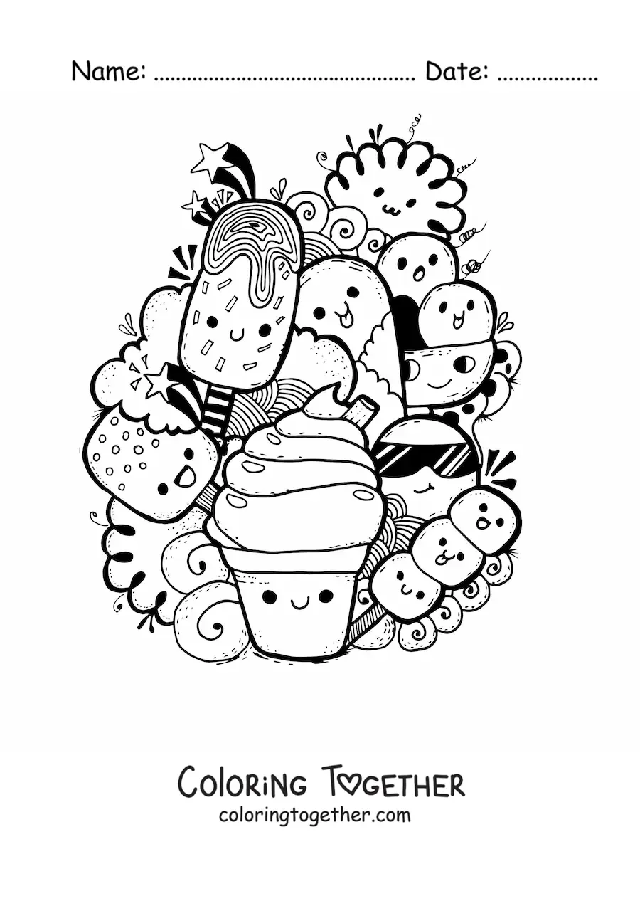 Coloring page of several kawaii cartoon ice creams