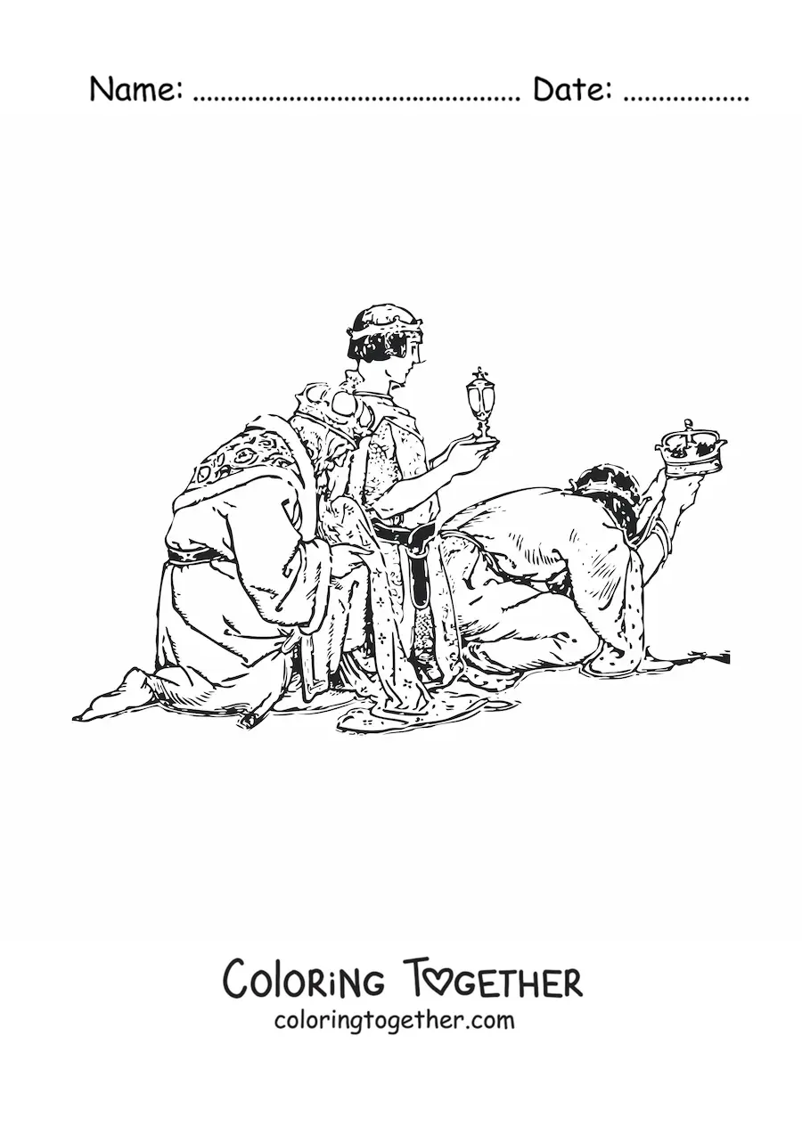 Coloring page of the realistic Three Wise Men with gifts
