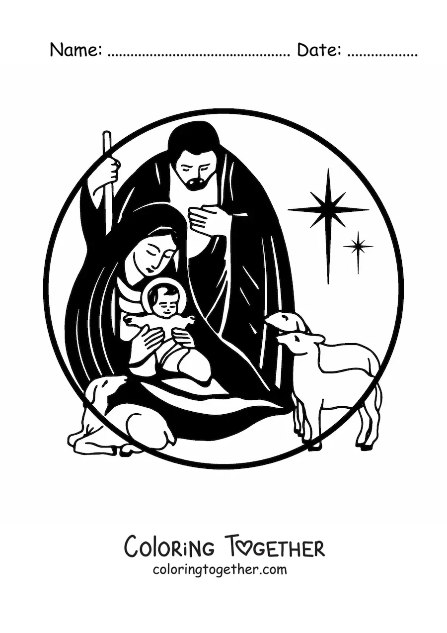 Coloring page of Mary, Joseph, and Jesus with animals