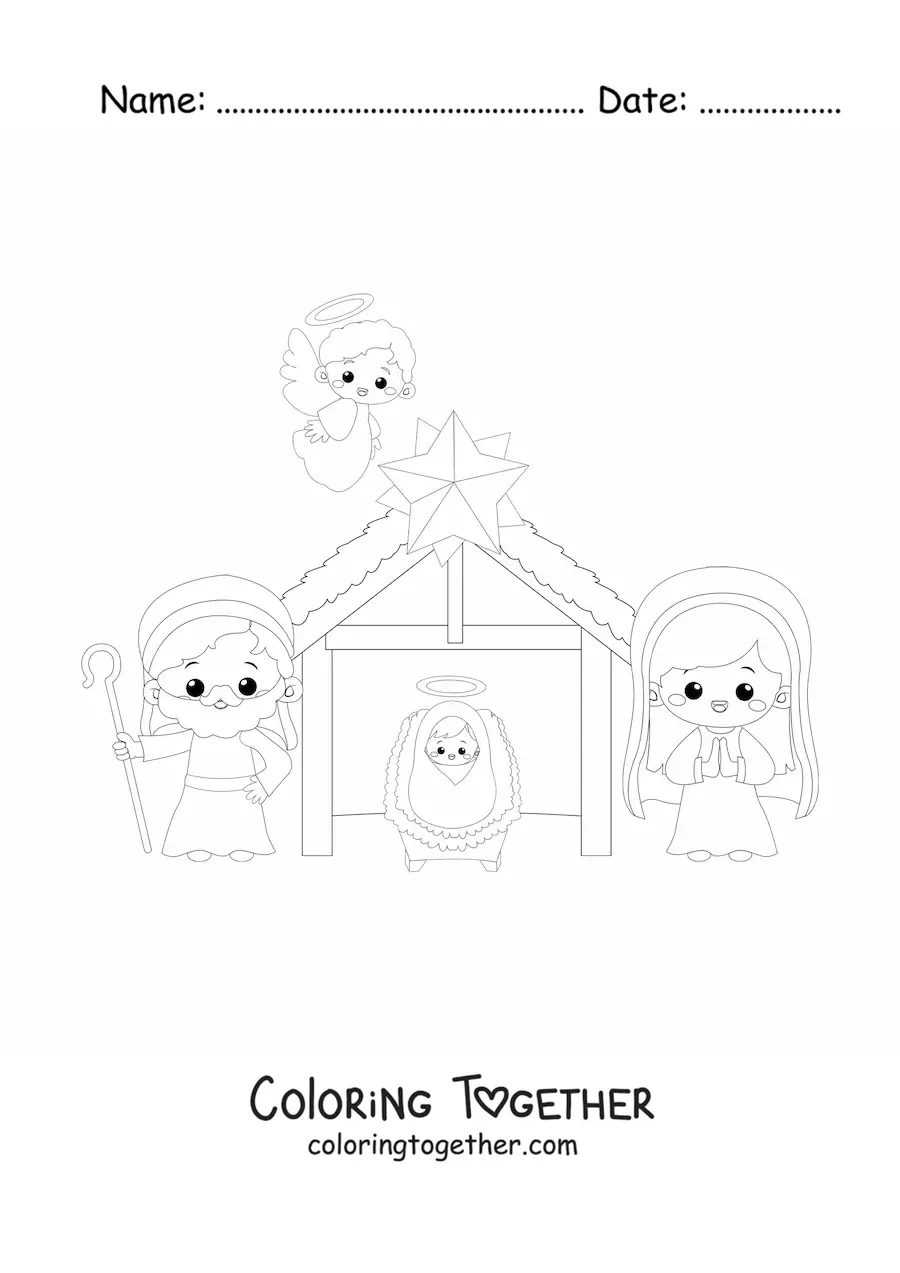 Coloring page of a kawaii Christmas nativity scene with the angel Gabriel