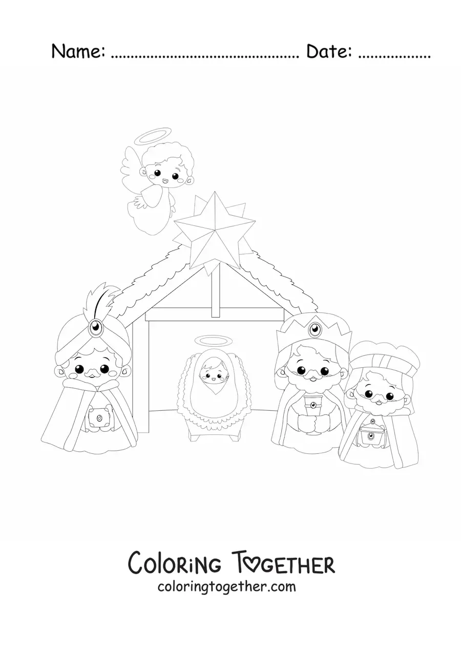 Coloring page of the kawaii Three Wise Men with the baby Jesus