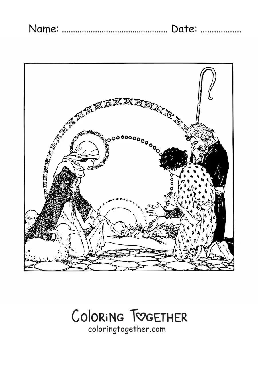 Coloring page of a realistic Christmas Bethlehem nativity scene