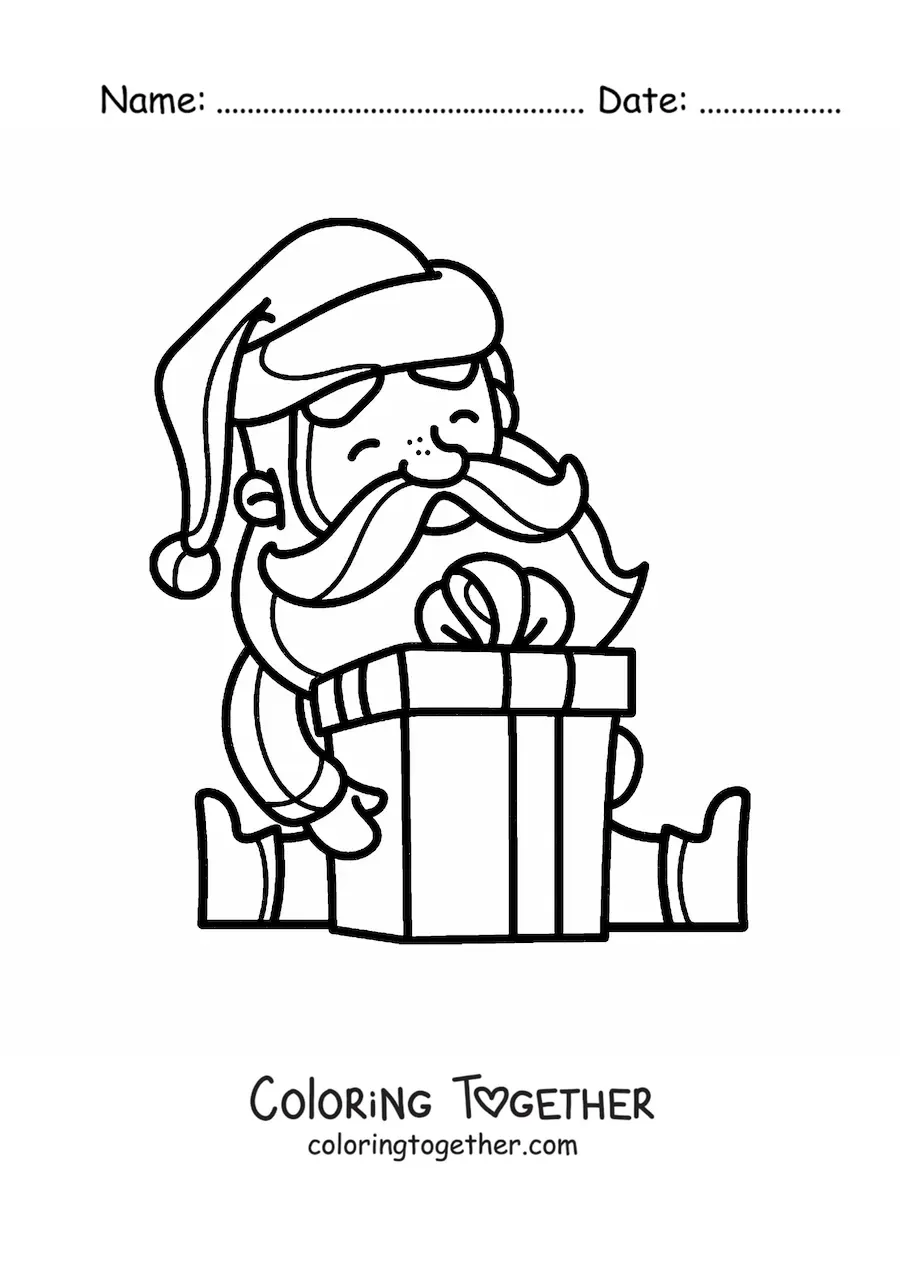 Coloring page of a kawaii Santa Claus sitting with a gift