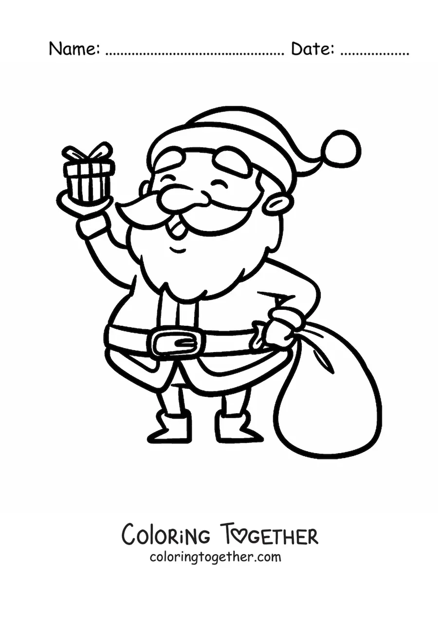 Coloring page of a kawaii Santa Claus with a gift
