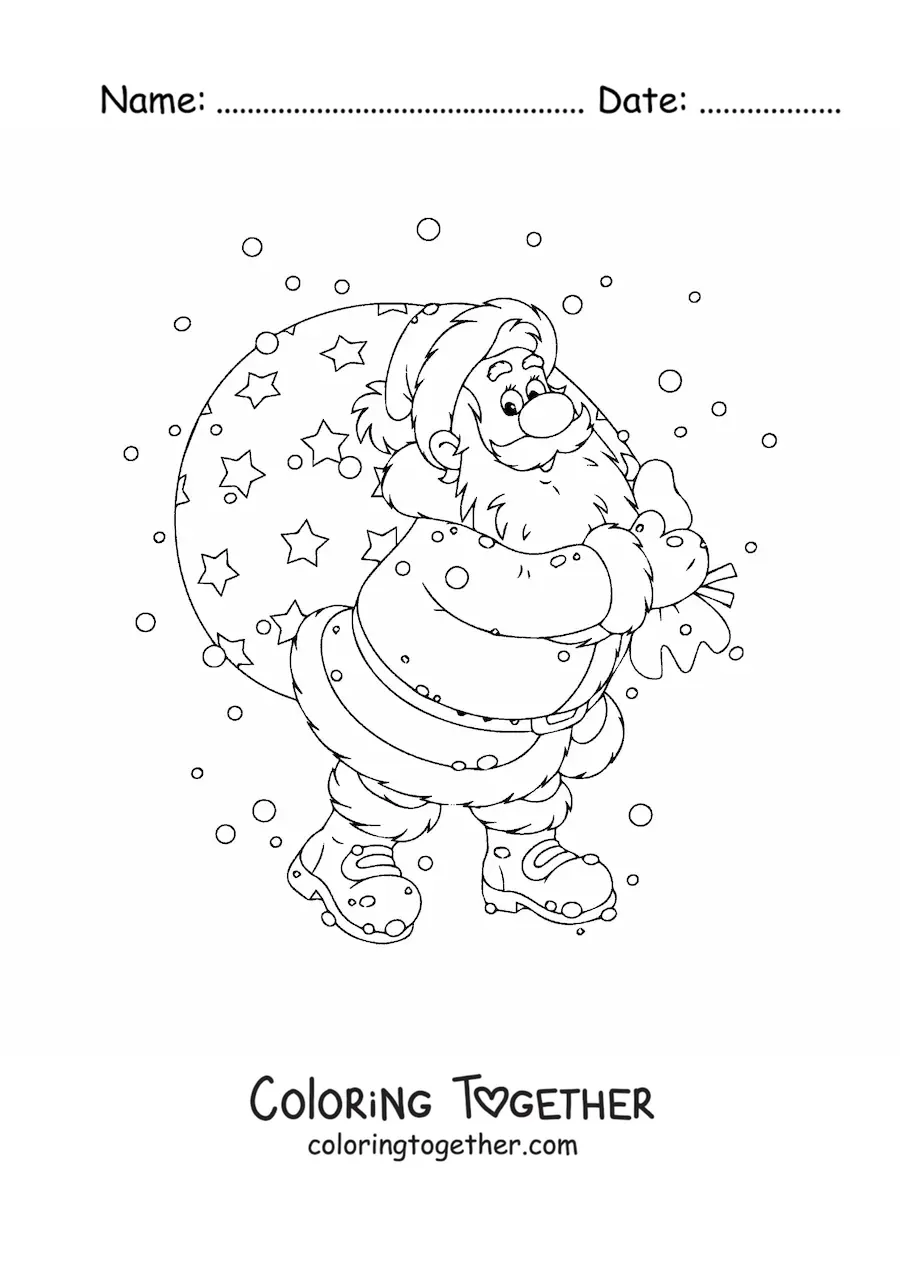 Coloring page of an animated Santa Claus with gifts