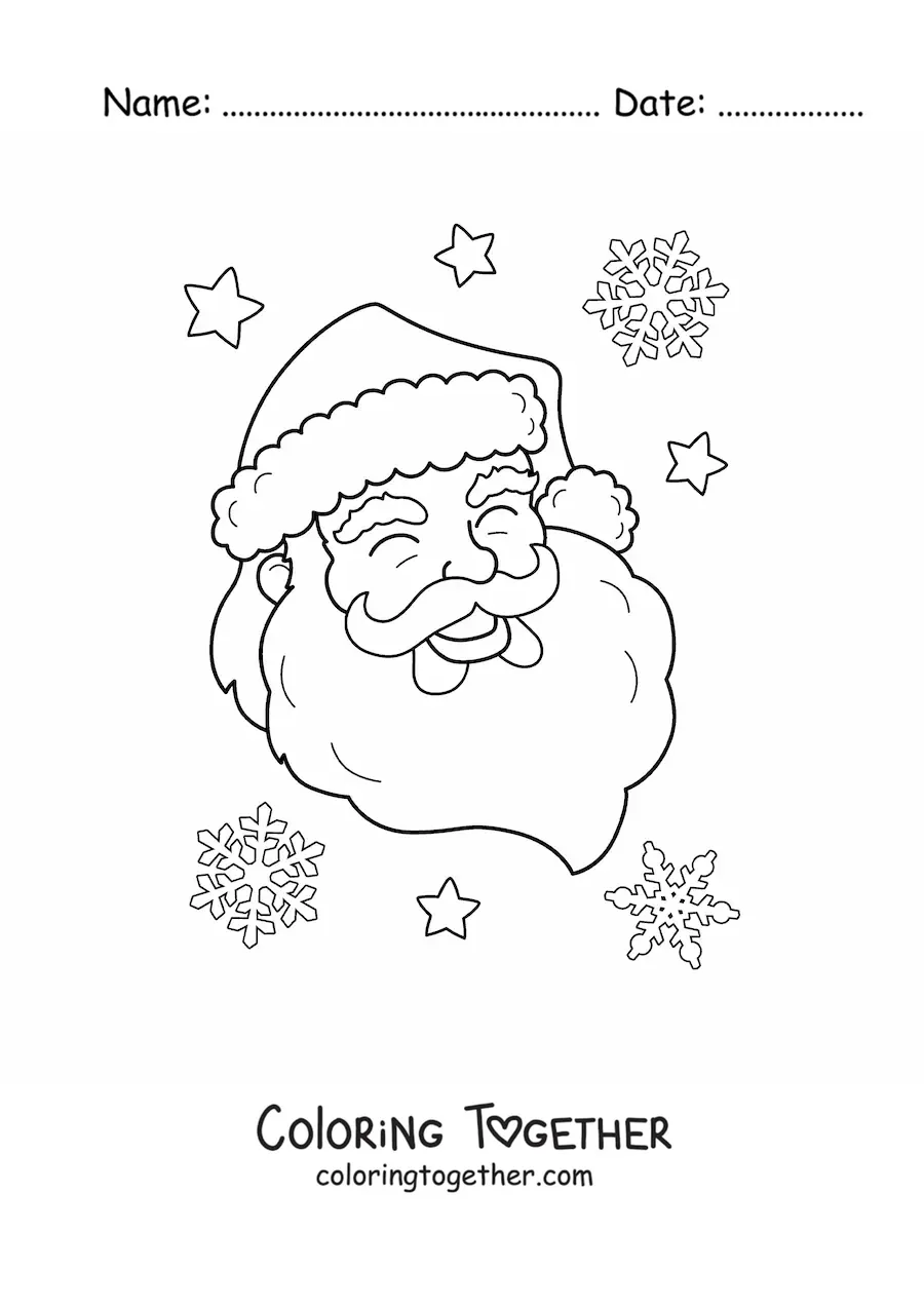 Coloring page of Santa Claus's face with eyes closed and snowflakes in the background