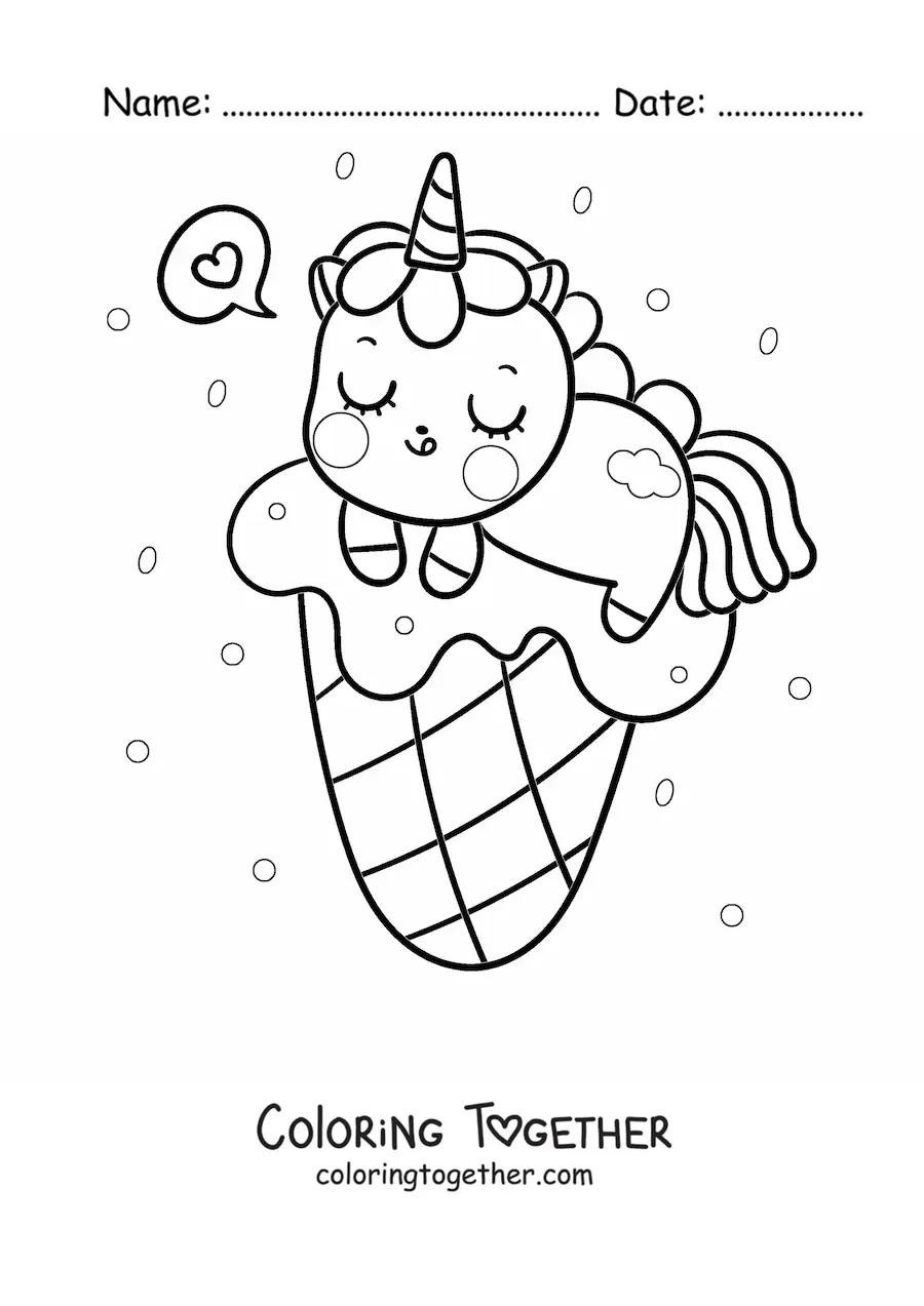 Coloring page of a kawaii unicorn on top of an ice cream cone