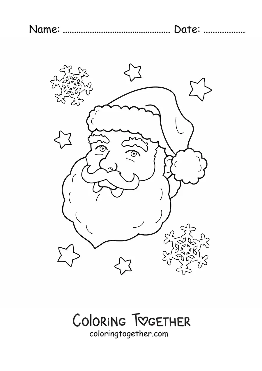 Coloring page of a smiling Santa Claus face with snowflakes in the background