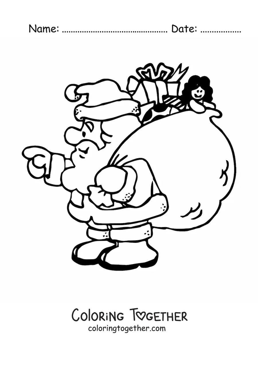 Coloring page of a cartoon Santa Claus with gifts