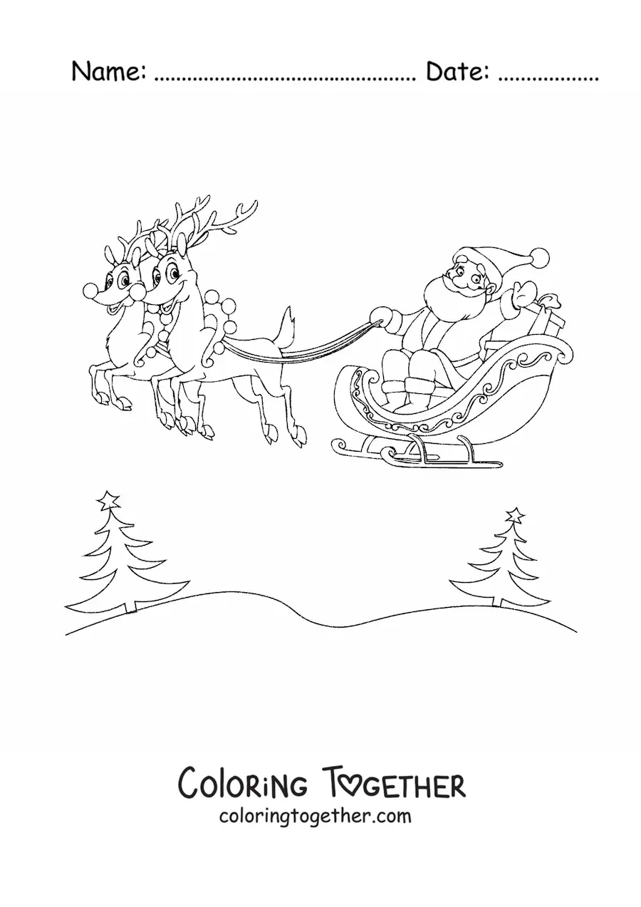 Coloring page of Santa Claus flying in his sleigh with reindeer