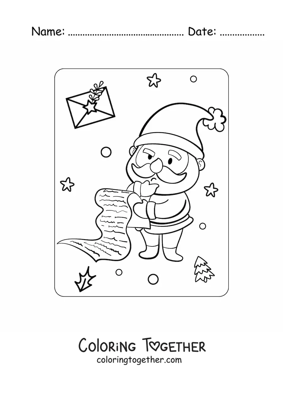 Coloring page of a kawaii Santa Claus checking the list of good children
