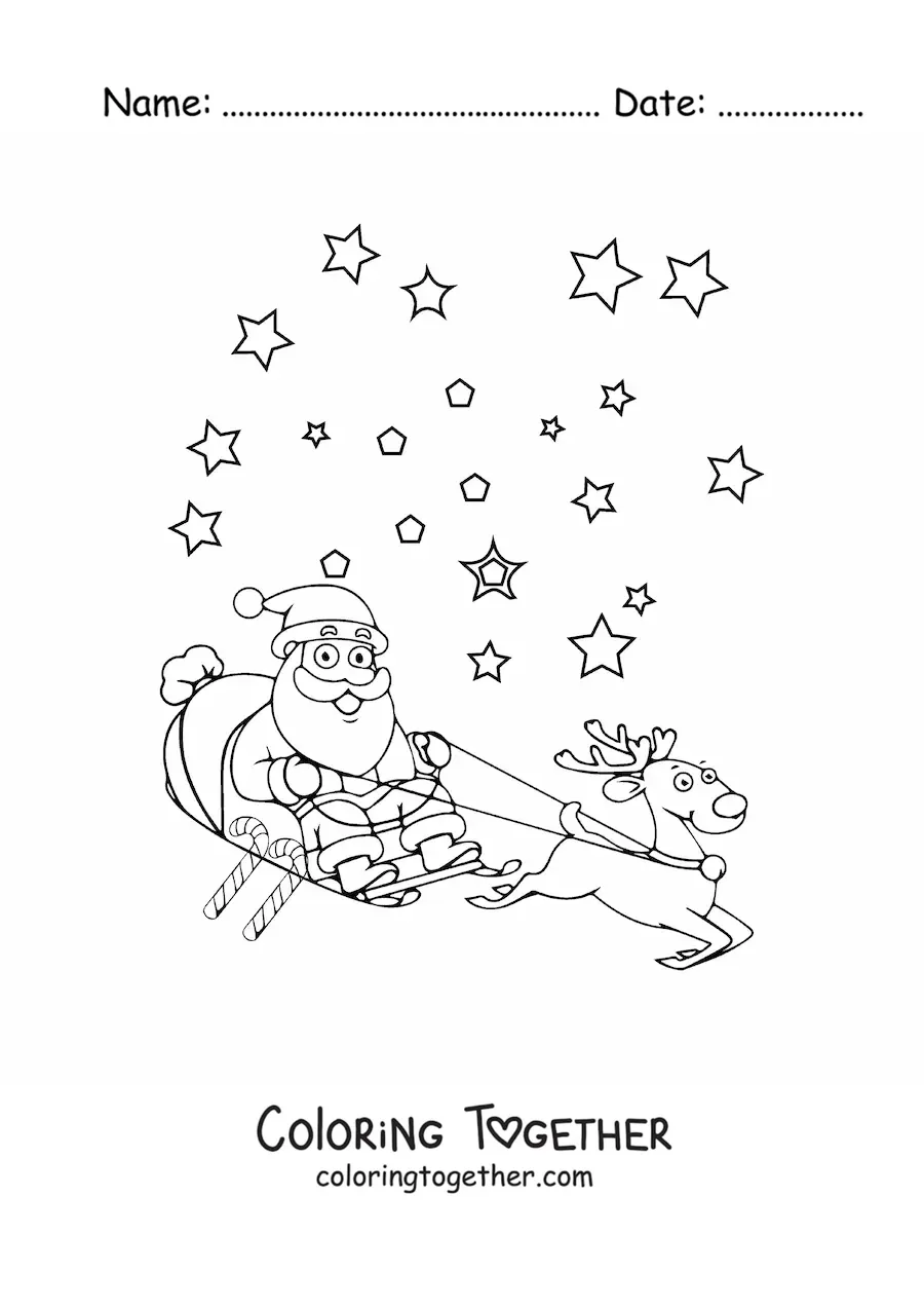 Coloring page of an animated Santa Claus in a sleigh with a reindeer