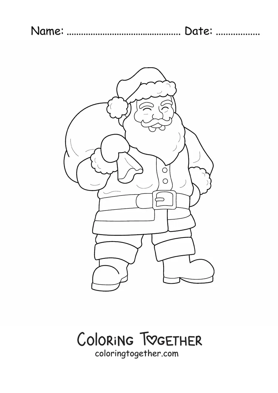 Coloring page of a realistic Santa Claus with gifts