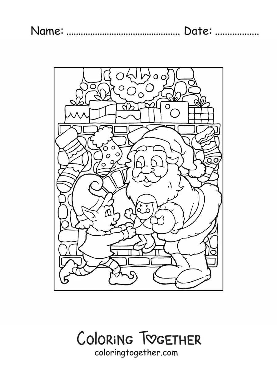 Coloring page of Santa Claus with an elf and toys