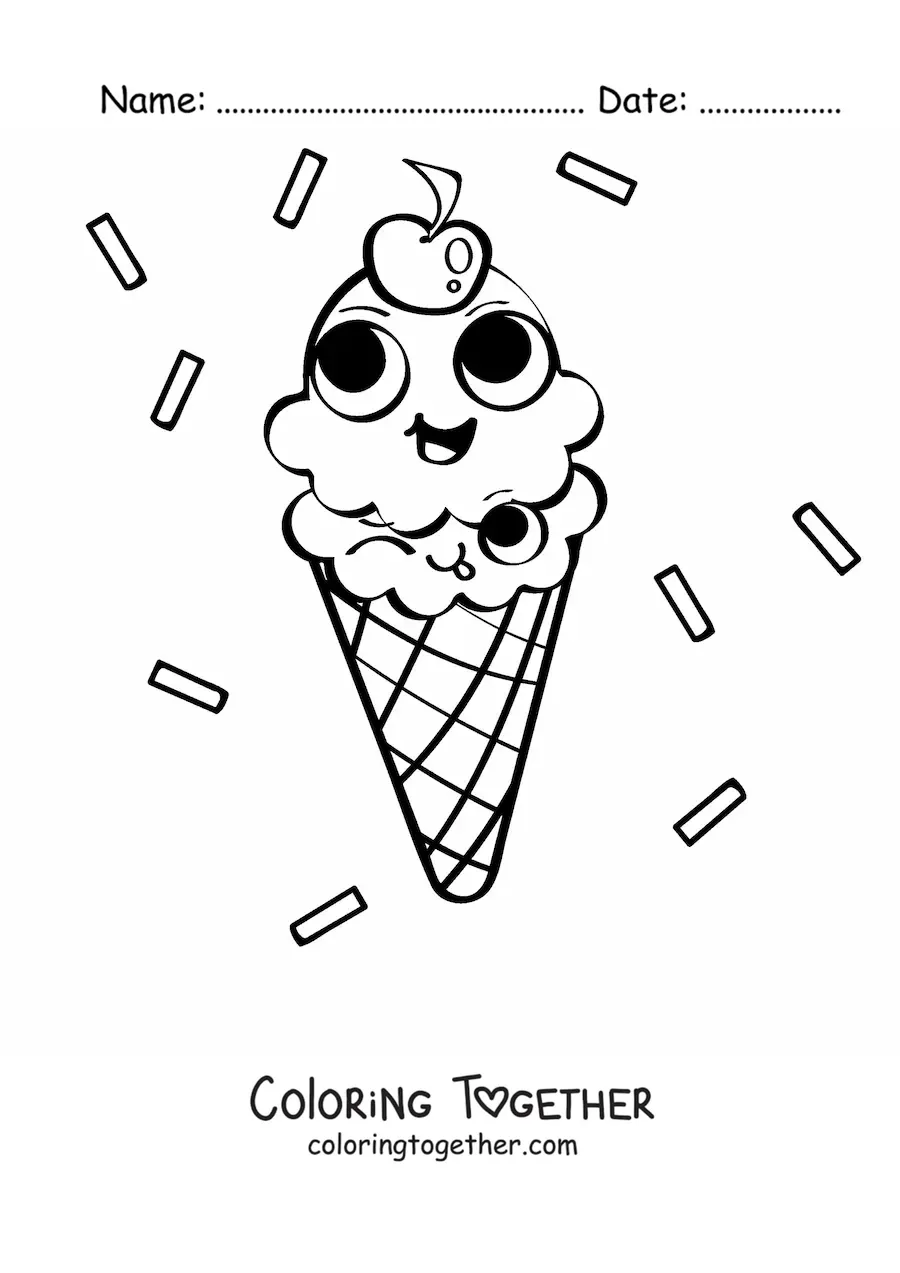Coloring page of a smiling cartoon ice cream cone