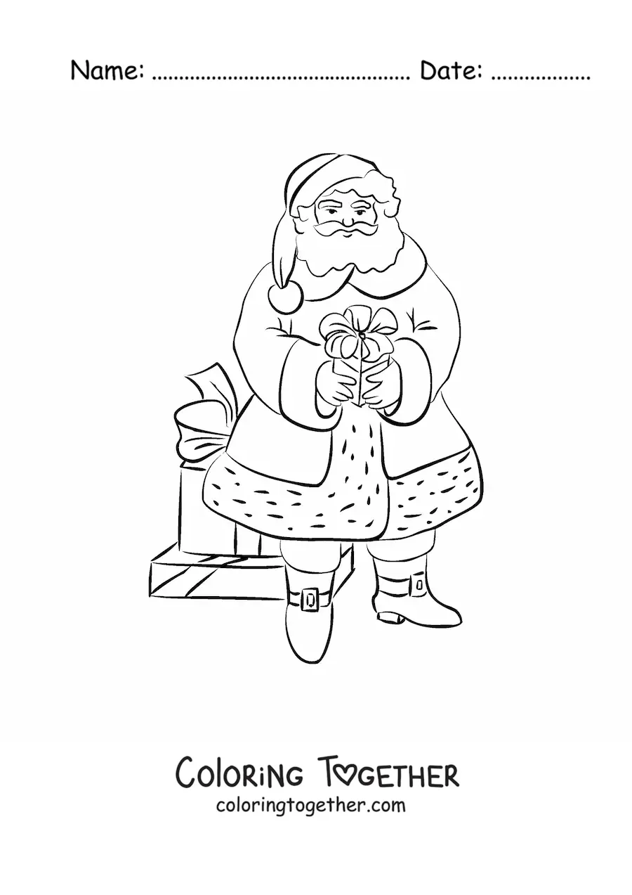 Coloring page of Santa Claus with gifts