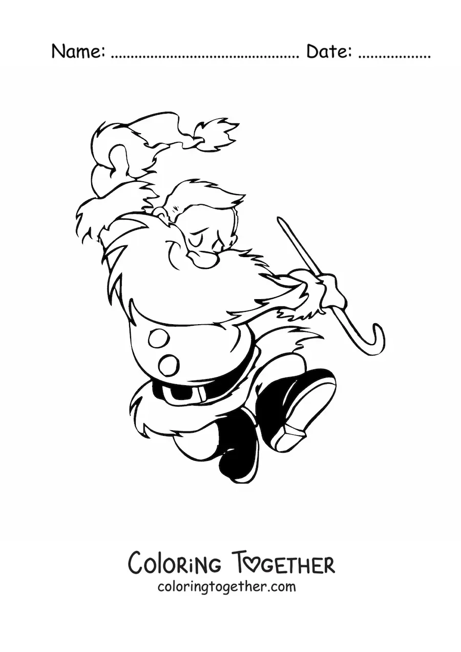 Coloring page of Santa Claus holding his hat and a cane while jumping