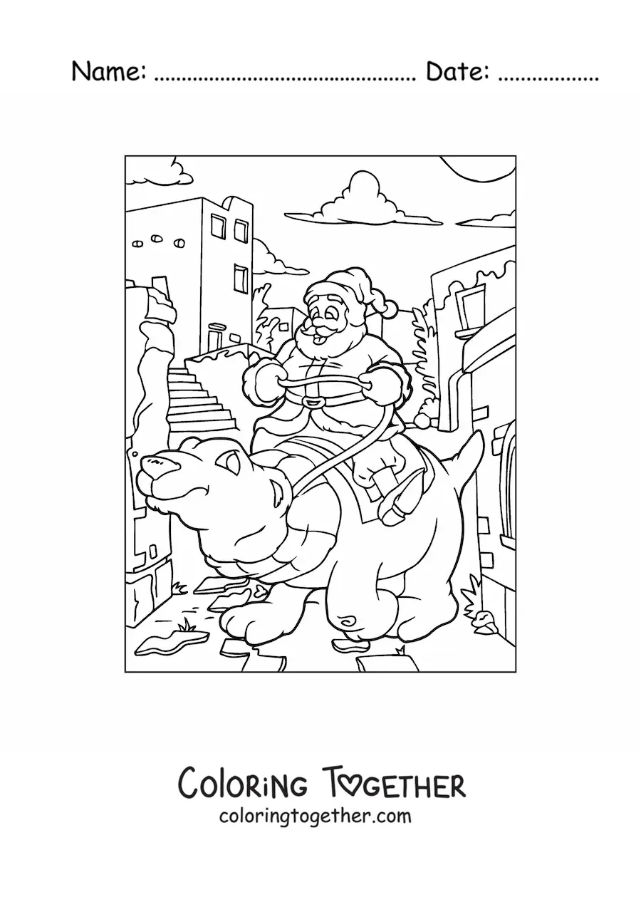 Coloring page of Santa Claus riding a polar bear