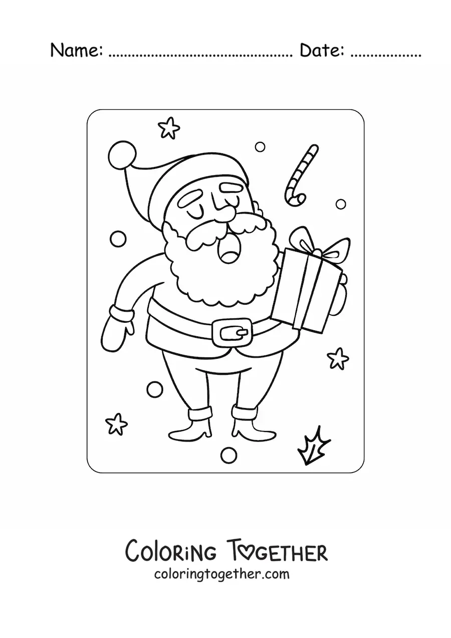 Coloring page of Santa Claus with a gift