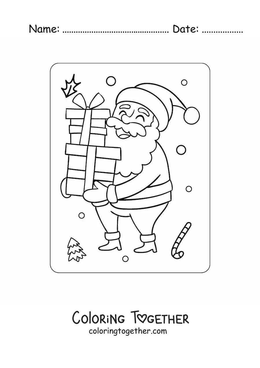 Coloring page of Santa Claus with a pile of gifts