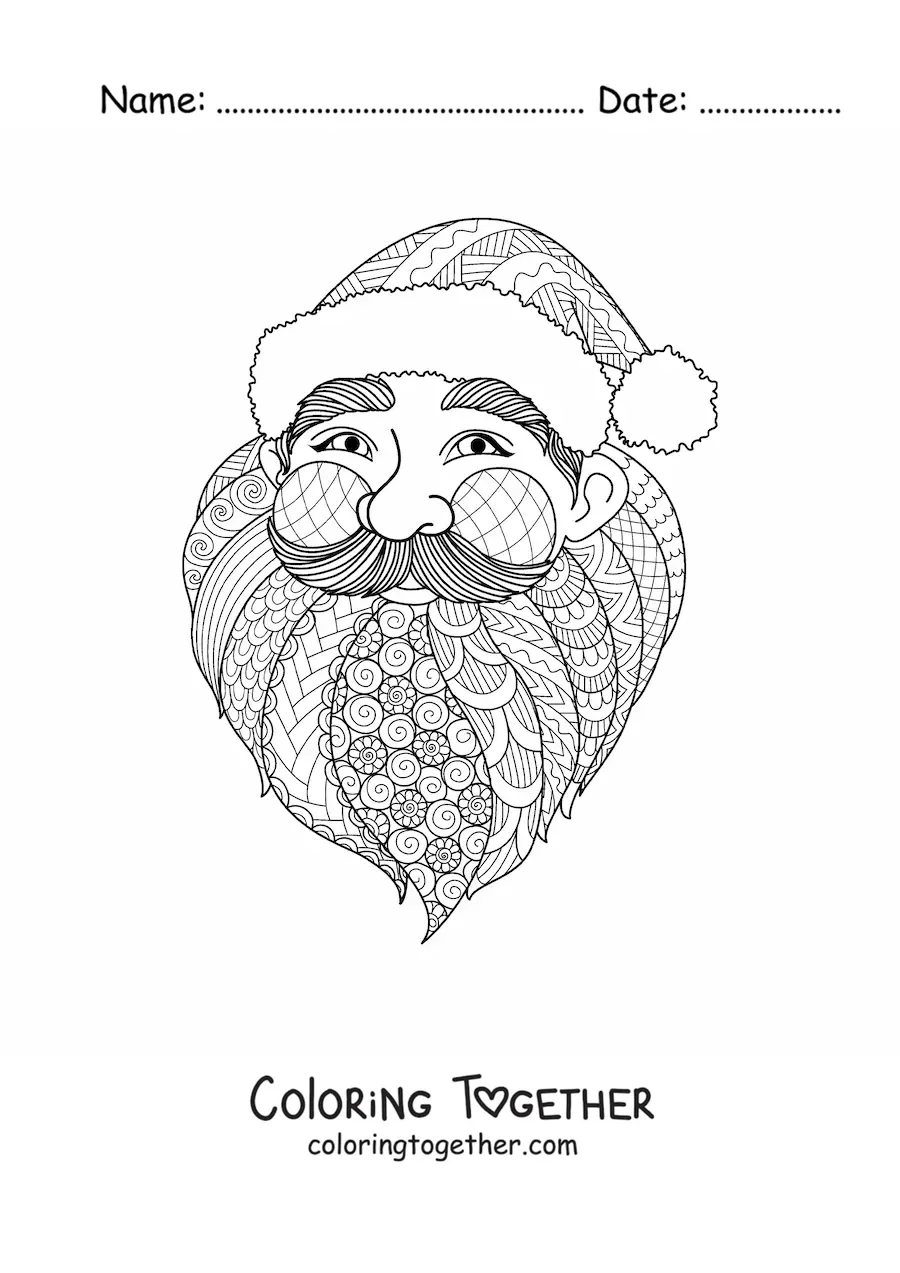 Coloring page of Santa Claus's face in zentangle style