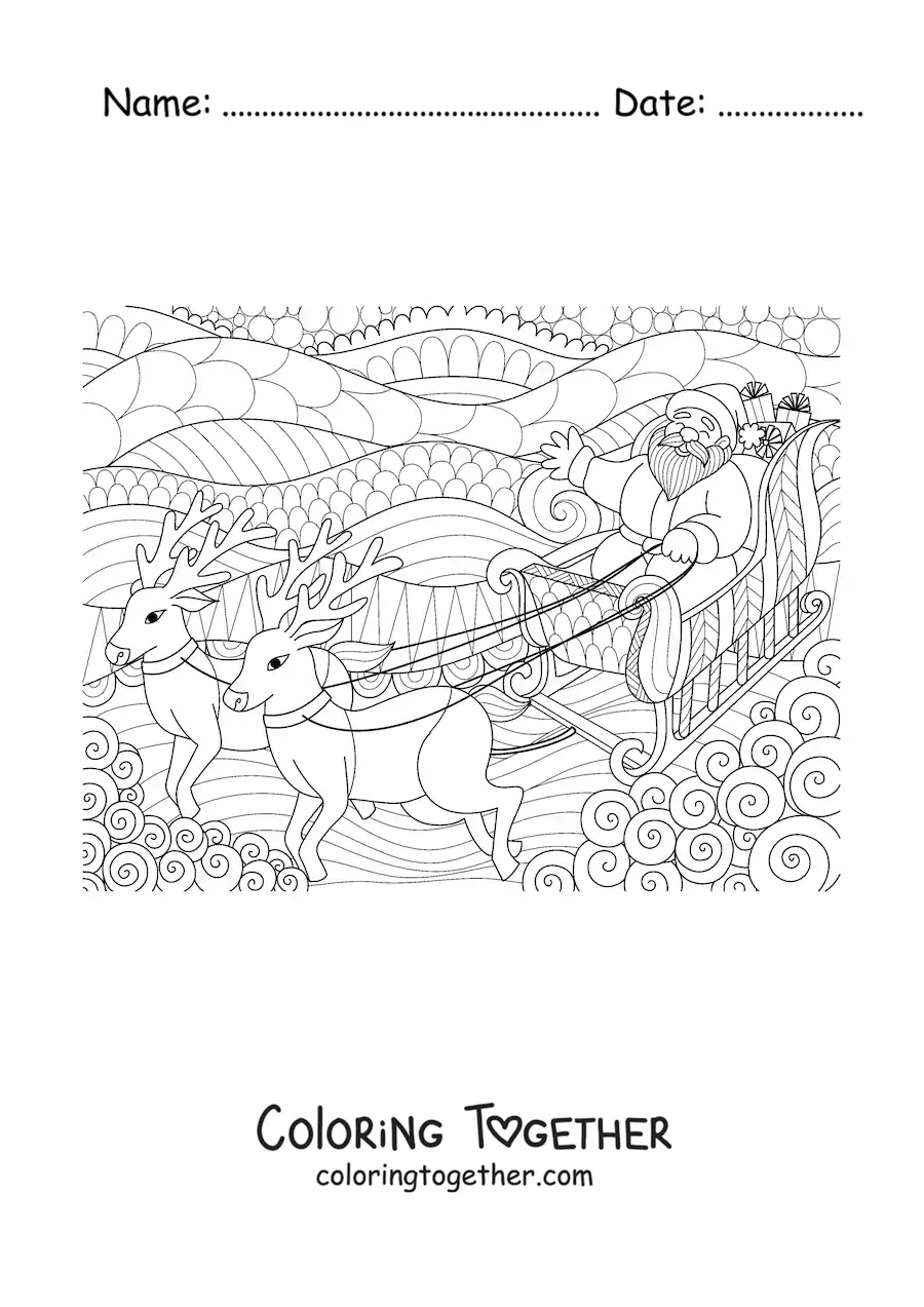 Coloring page of Santa Claus in his sleigh with reindeer in zentangle style