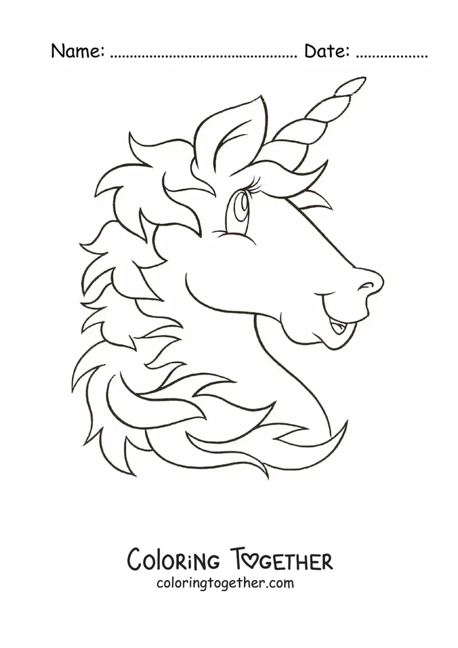 Coloring page of an animated unicorn's head