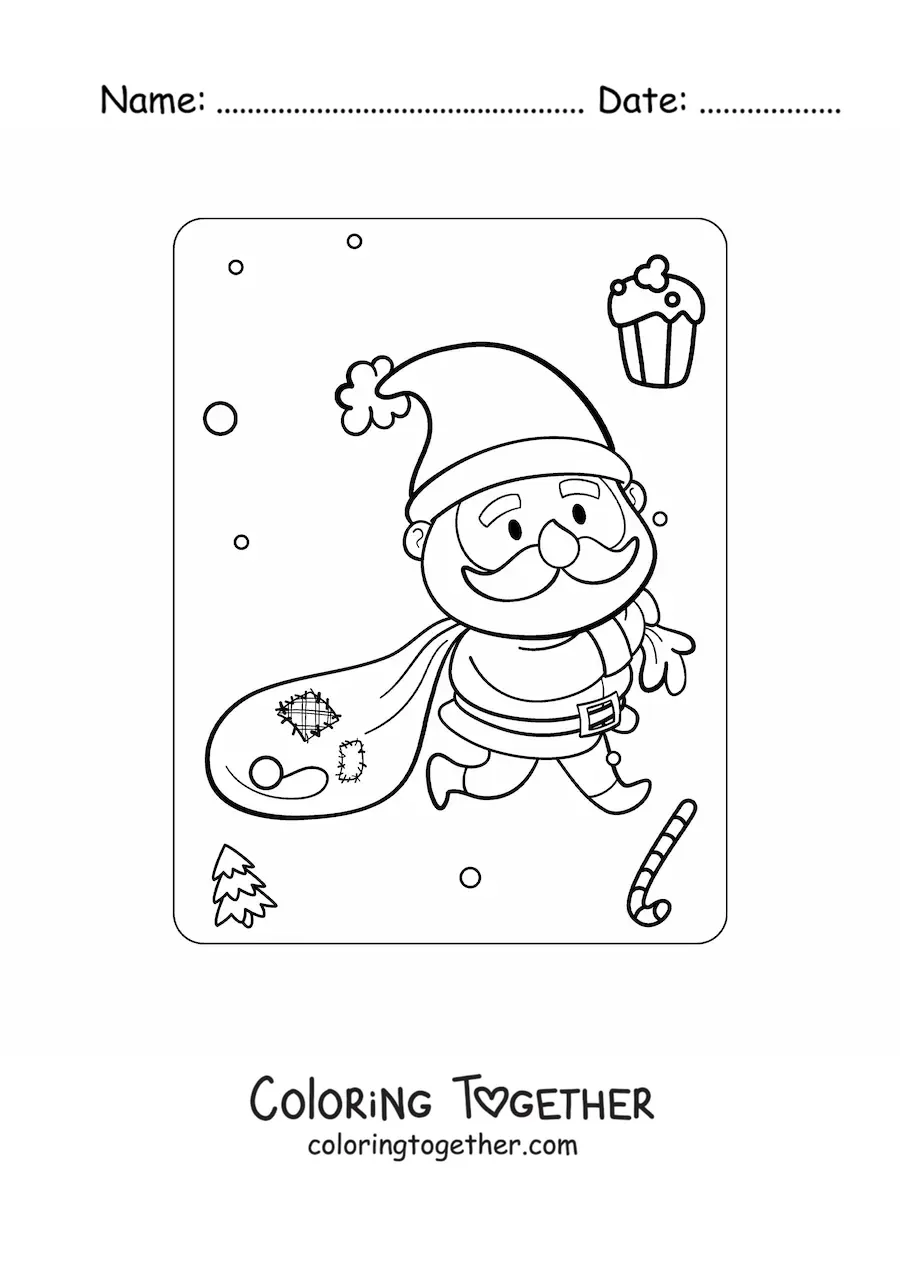 Coloring page of a kawaii Saint Nicholas with gifts