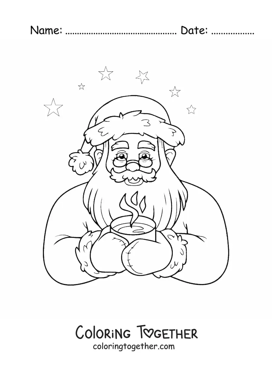 Coloring page of Santa Claus with a hot drink