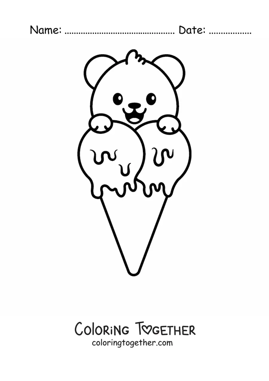 Coloring page of a kawaii bear on top of an ice cream cone
