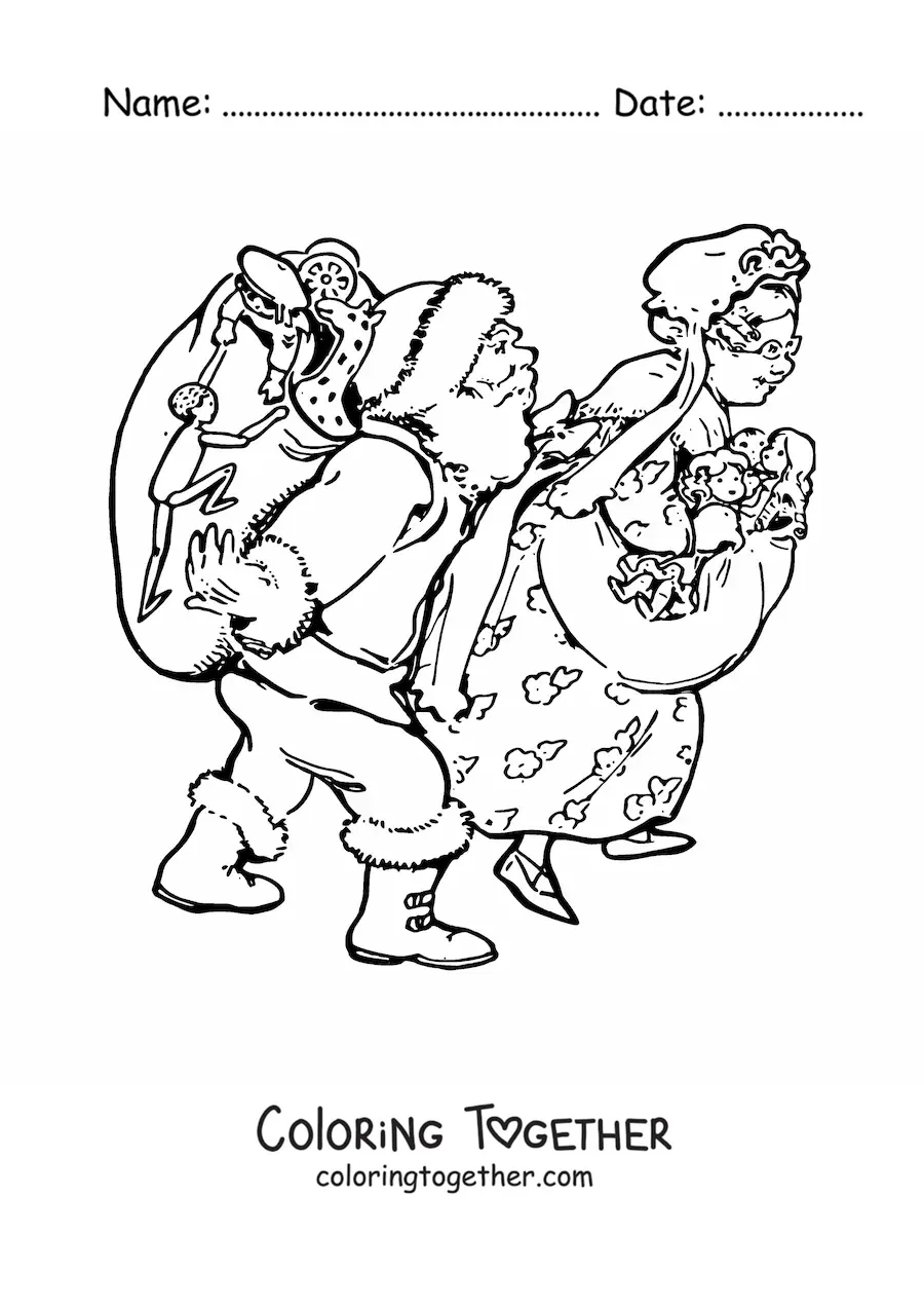 Coloring page of Santa Claus and Mrs. Claus with gifts