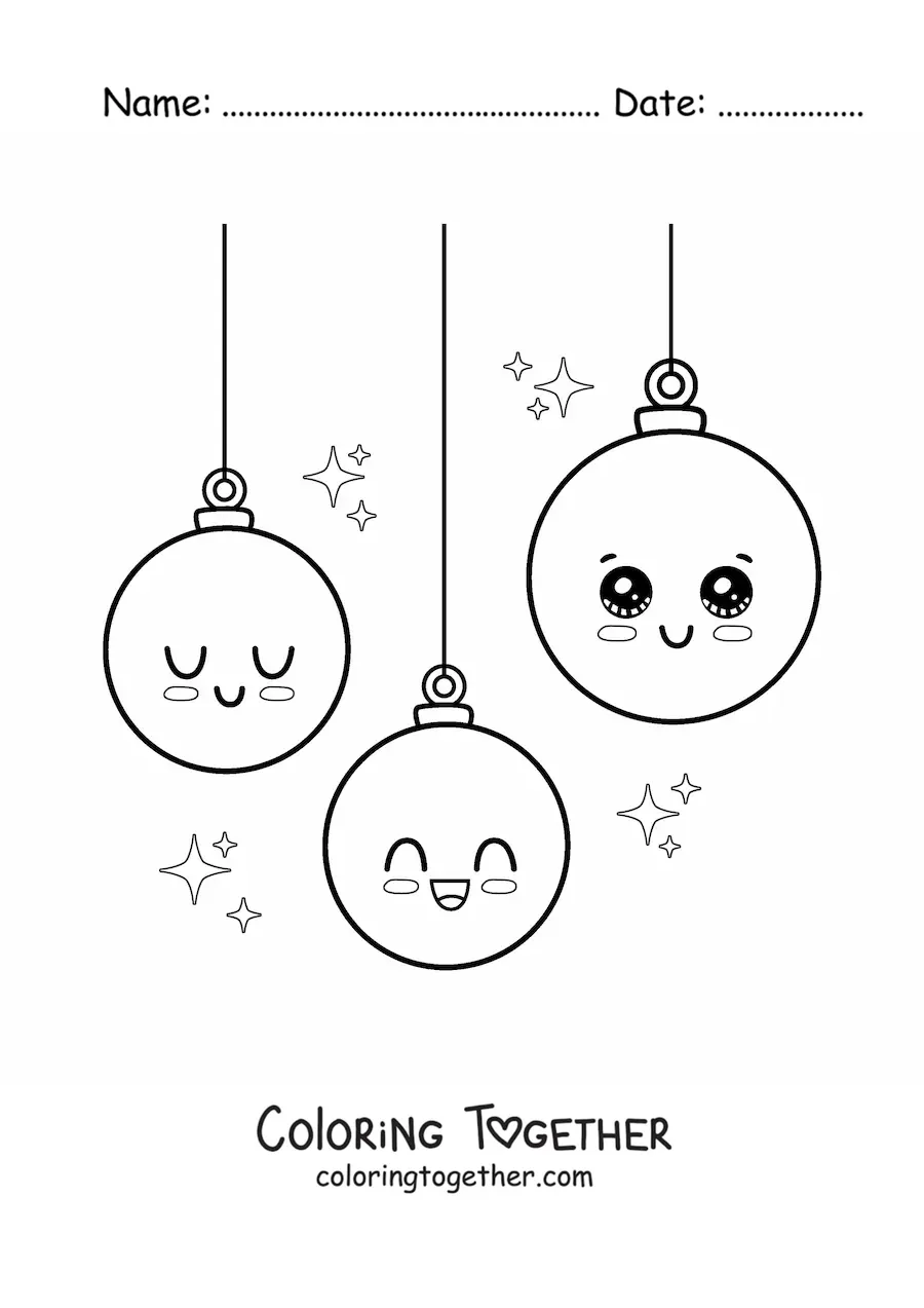 Coloring page of animated kawaii Christmas baubles