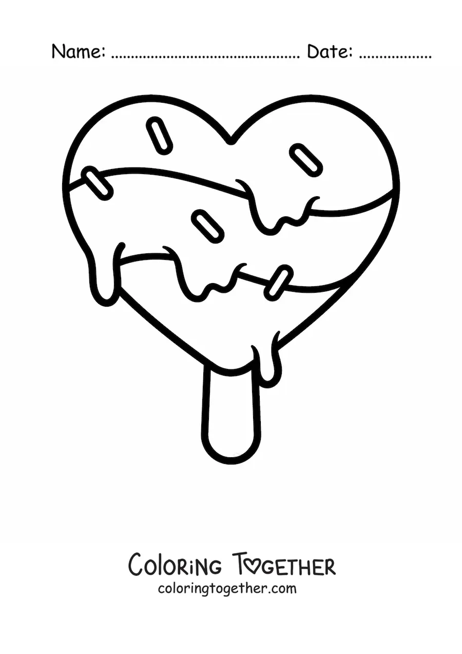 Coloring page of a heart-shaped ice cream popsicle melting