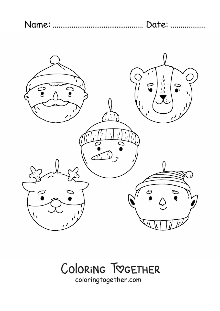 Coloring page of Christmas baubles shaped like a bear, Santa, elf, reindeer, and snowman