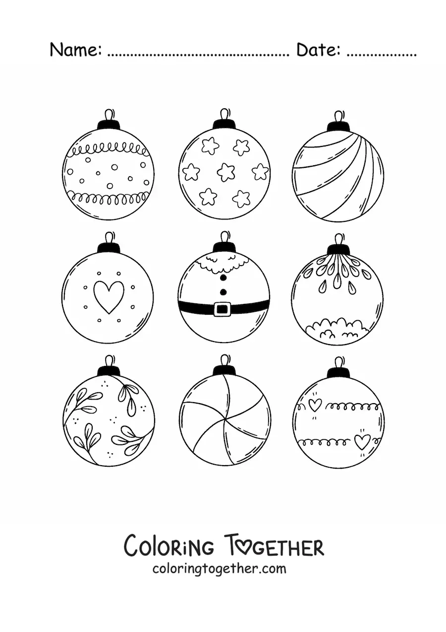 Coloring page of decorated Christmas baubles