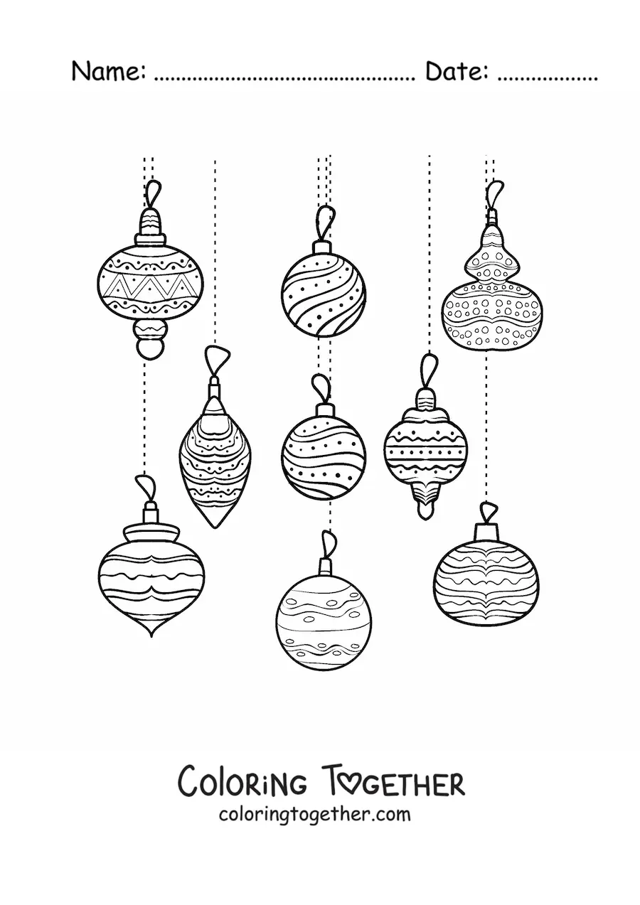 Coloring page of hanging Christmas ornaments
