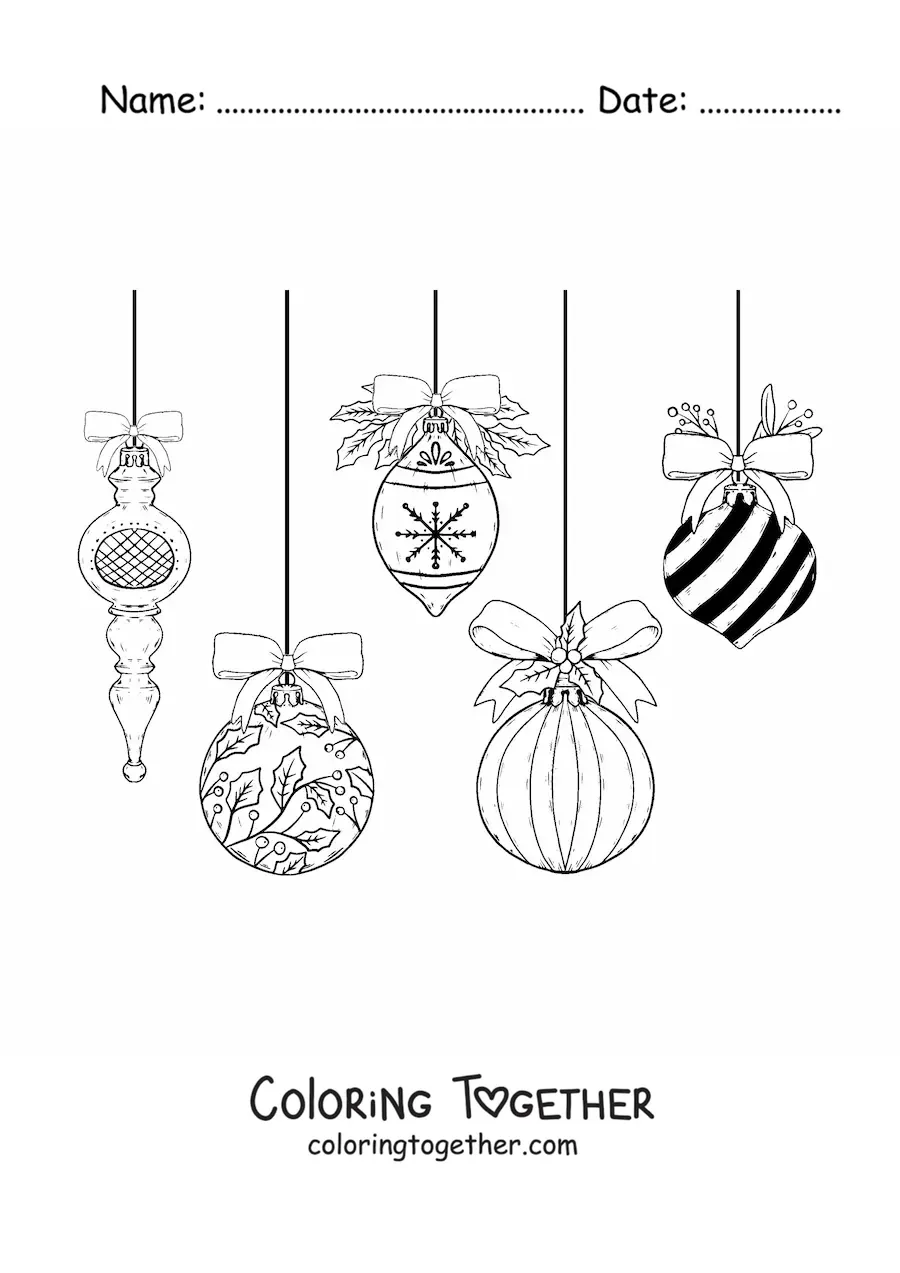 Coloring page of large Christmas ornaments hanging