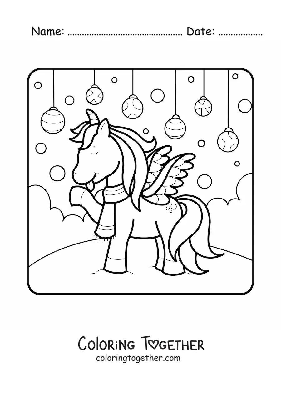 Coloring page of a unicorn with Christmas baubles in the background