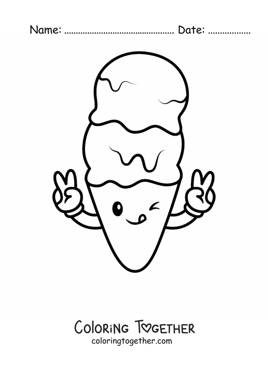 Coloring page of a cartoon ice cream cone waving and winking