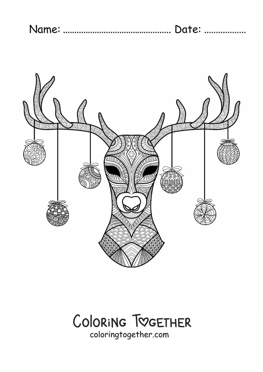 Coloring page of a reindeer with Christmas baubles hanging from its antlers