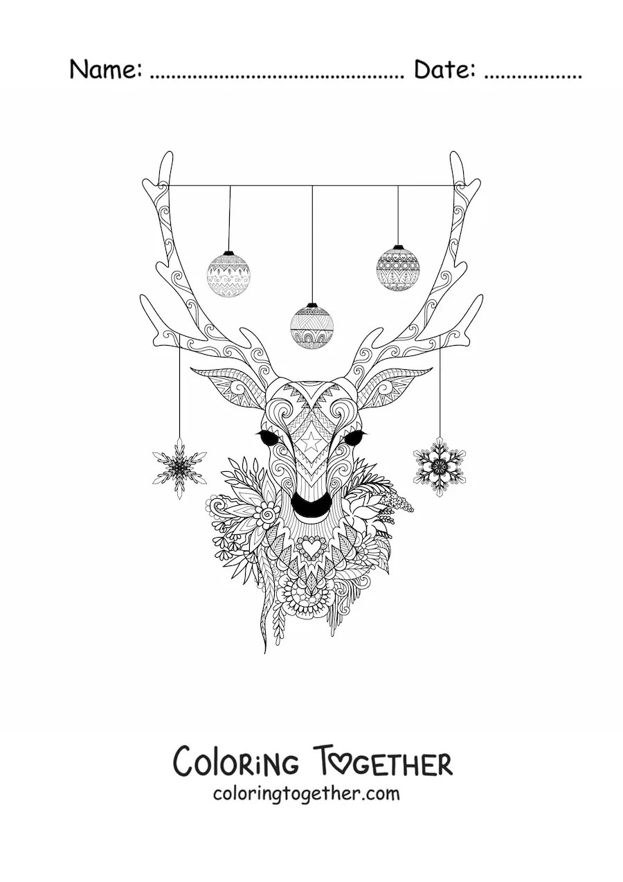 Coloring page of a reindeer with Christmas balls hanging from its antlers