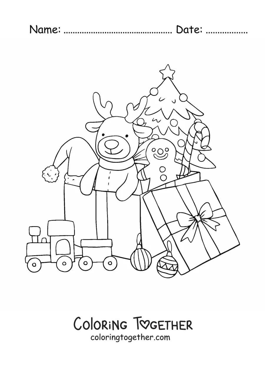 Coloring page of a Christmas gift box with toys