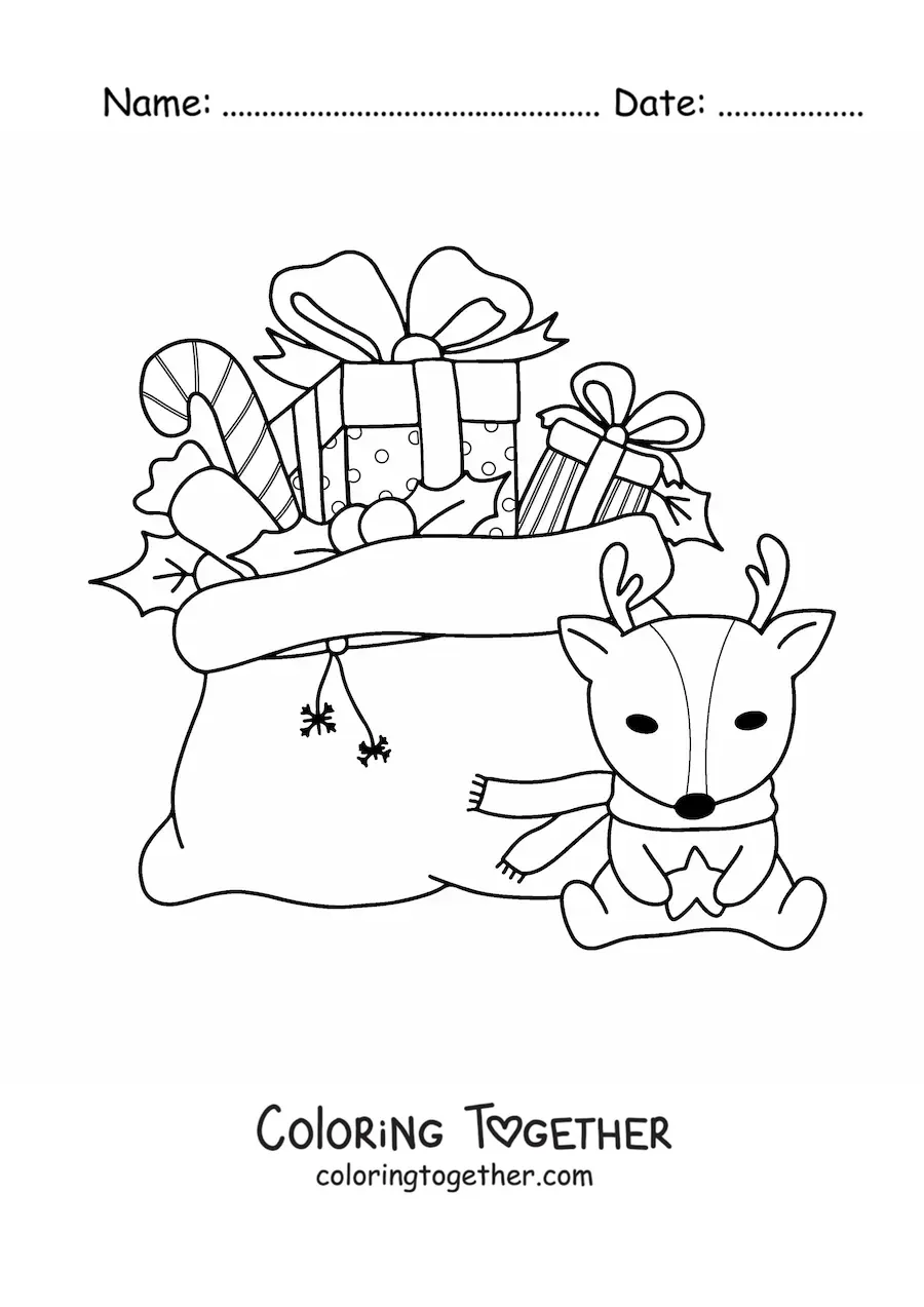 Coloring page of a sack of Christmas gifts and a plush reindeer