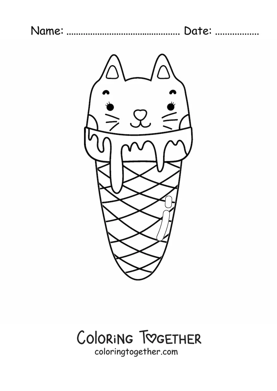 Coloring page of a cat as a kawaii scoop of ice cream in a cone
